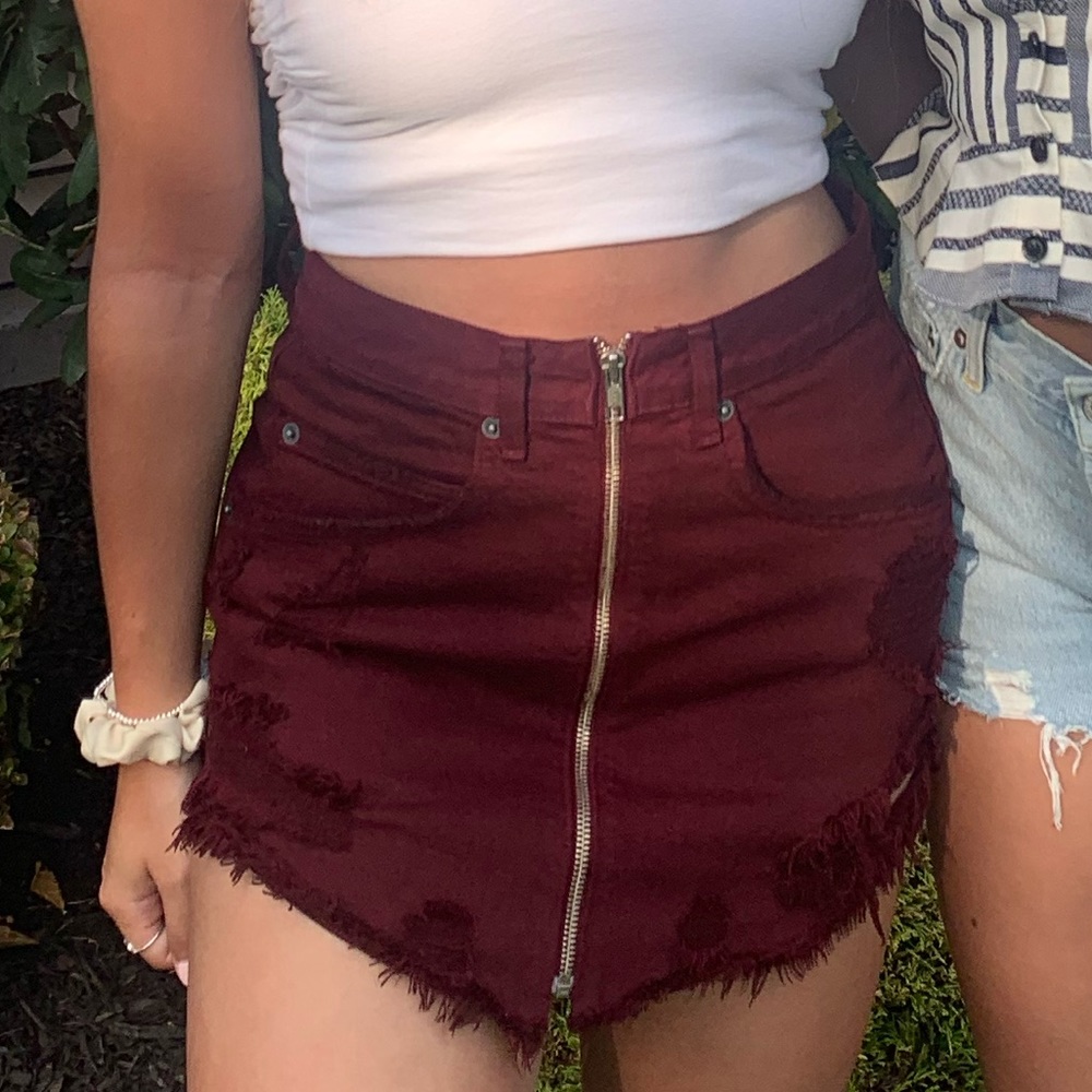 Carmar Distressed Denim Skirt Burgundy
